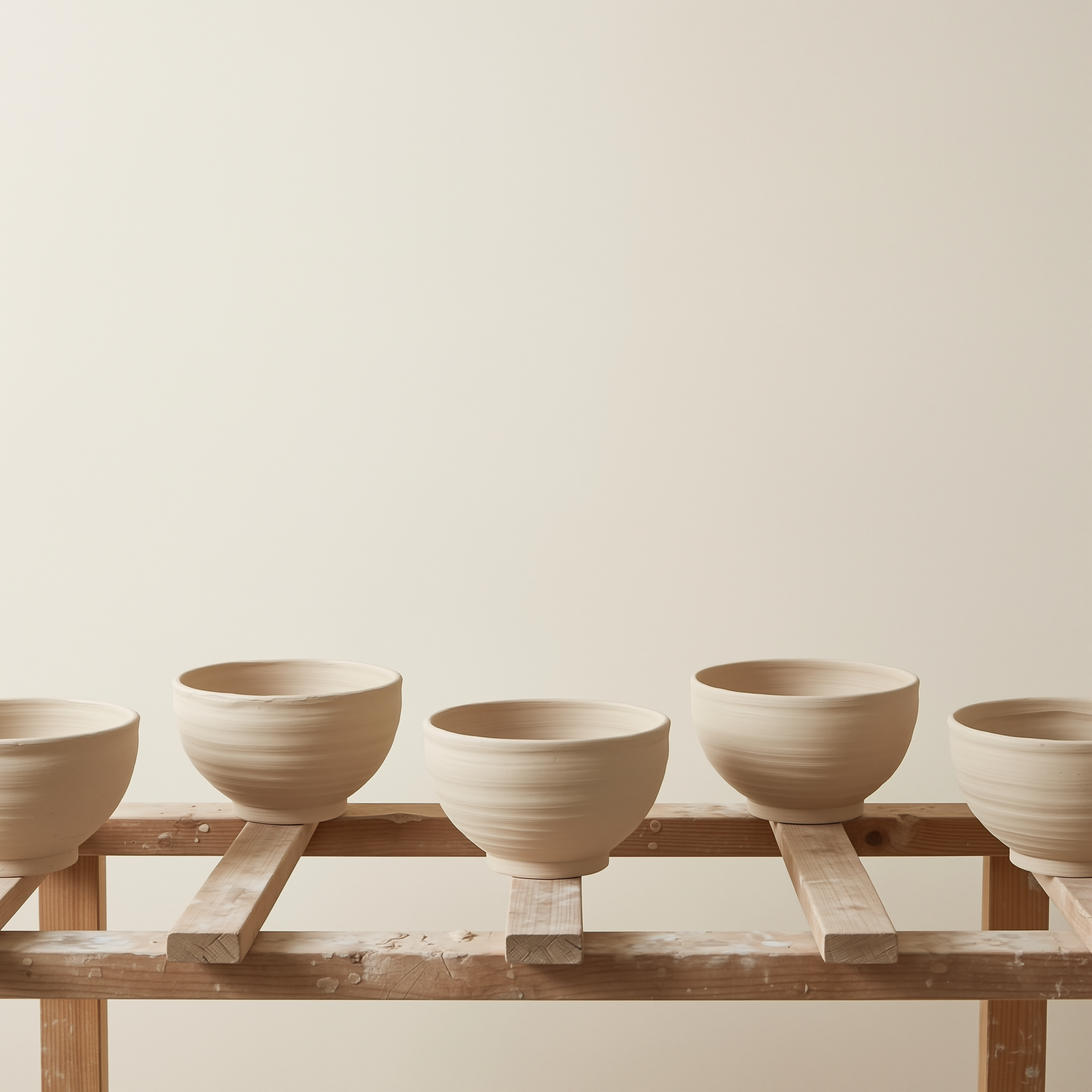 Freshly glazed ceramic bowls drying